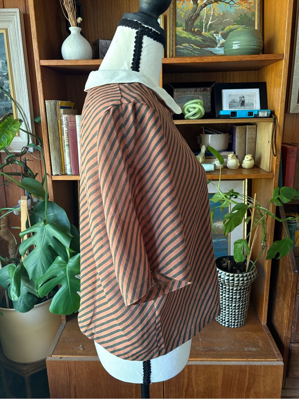 80s Vintage Stripe Peter Pan Collar Blouse M - Picture 5 of 6